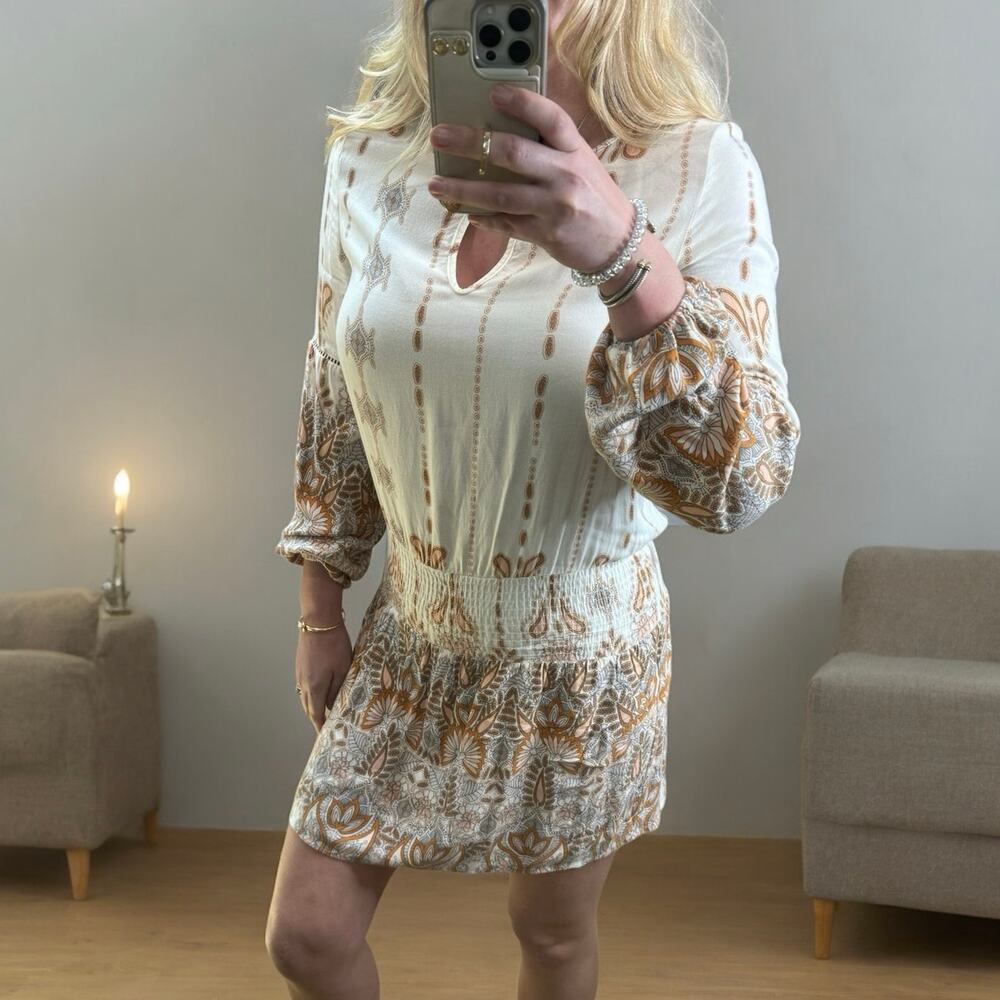 MINKPINK Revolve Long Sleeve Flutter Drop Waist Mini Dress Cream Boho Medium